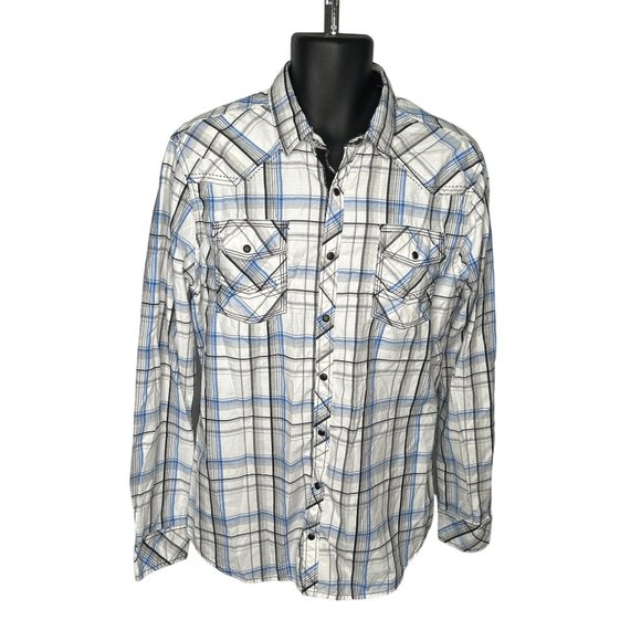 LARGE Buckle BKE Athletic Fit Pearl Snap Button Shirt Long Sleeve White Blue Pla - Picture 1 of 7